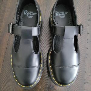 NEW Dr. Martens Girls' Black T-Bar Mary Jane Shoes with Yellow Stitching